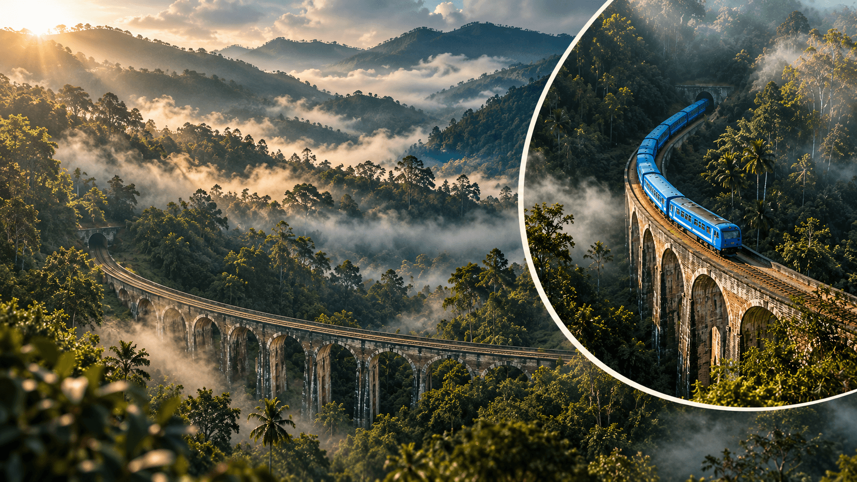 Misty mountain hills and scenic railway passes in Ella highlands
